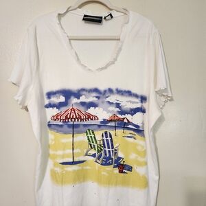 Seaside Beach Tee Blouse Soft Stretch 2X  Embellished Scalloped Hem Short Sleeve